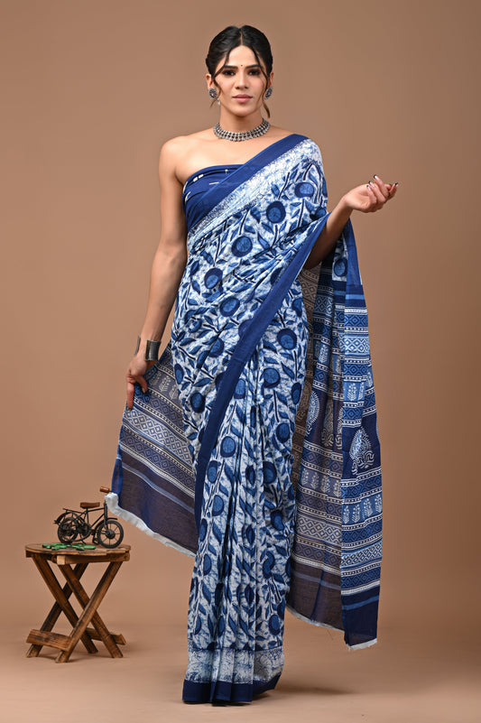 Printed Pure Cotton Mulmul Saree With Blouse