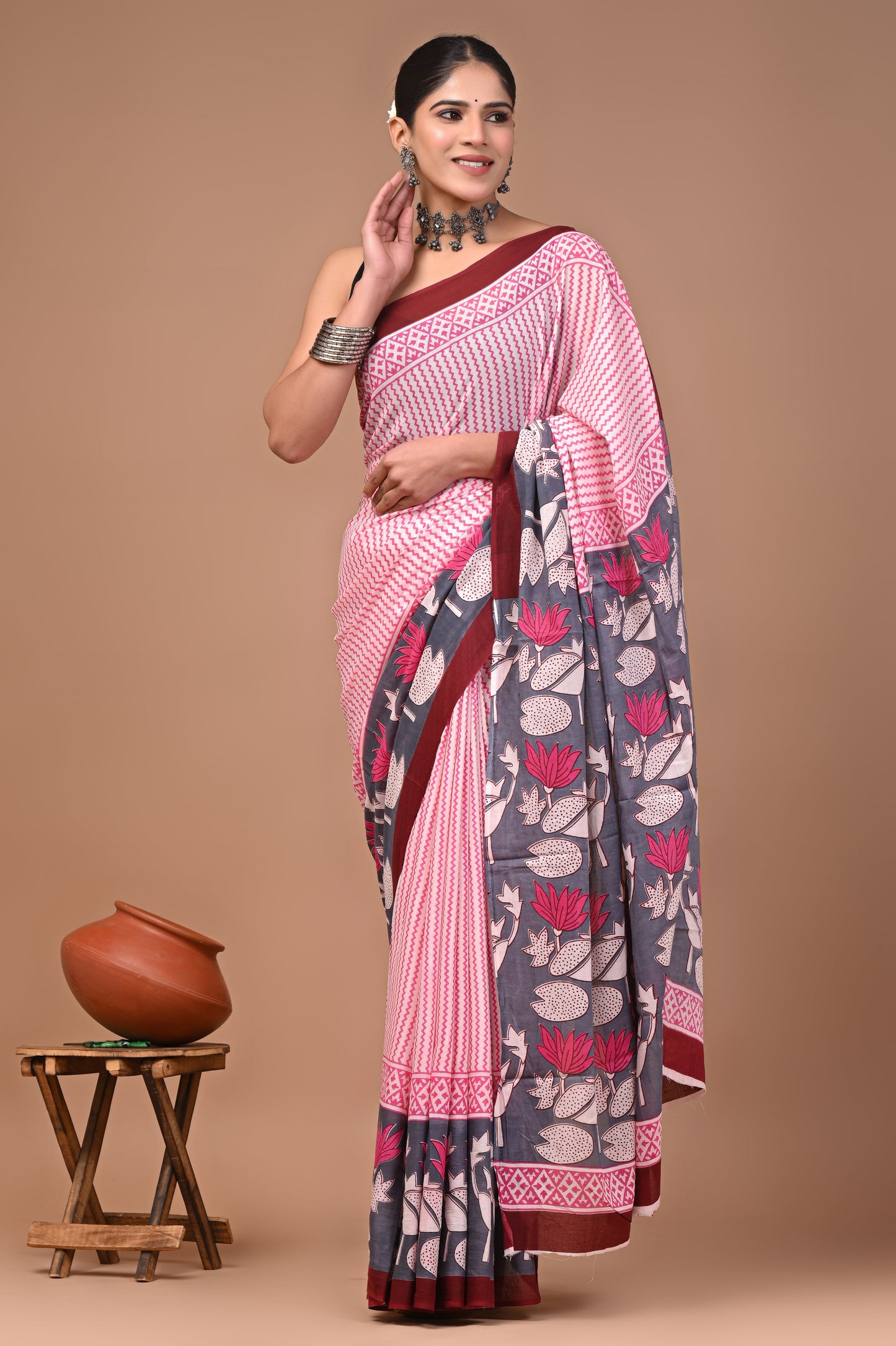 Printed Pure Cotton Mulmul Saree With Blouse