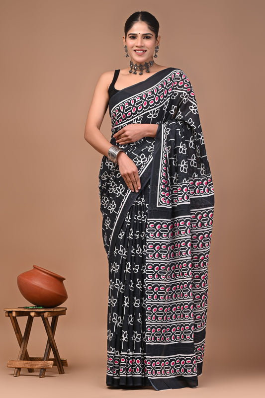 Printed Pure Cotton Mulmul Saree With Blouse