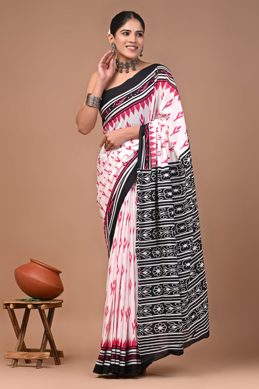 Printed Pure Cotton Mulmul Saree With Blouse