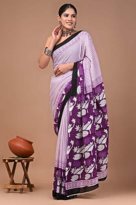 Printed Pure Cotton Mulmul Saree With Blouse