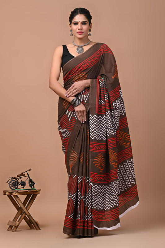 Printed Pure Cotton Mulmul Saree With Blouse