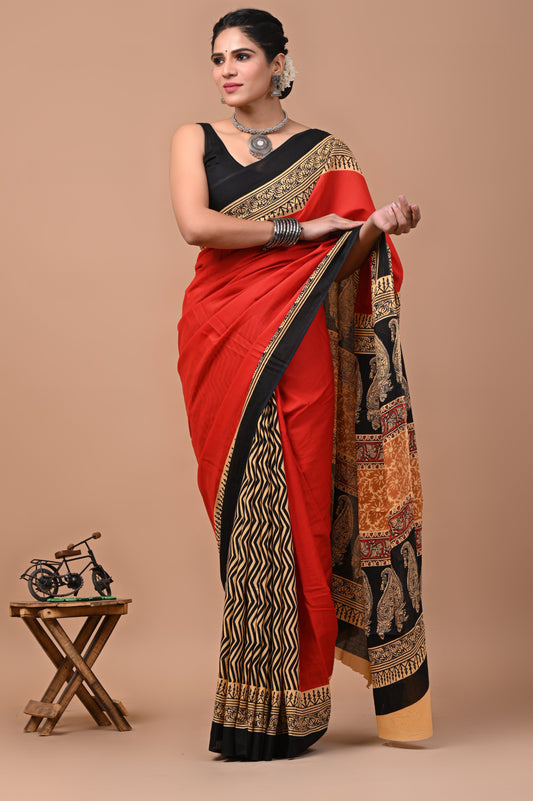 Printed Pure Cotton Mulmul Saree With Blouse