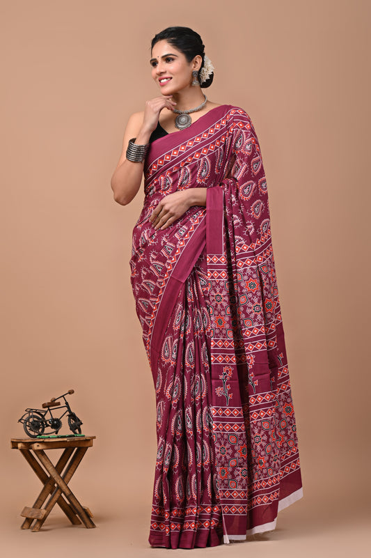 Printed Pure Cotton Mulmul Saree With Blouse