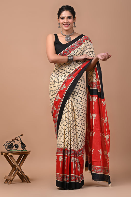 Printed Pure Cotton Mulmul Saree With Blouse