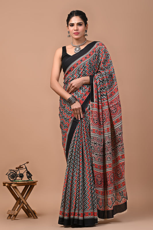 Printed Pure Cotton Mulmul Saree With Blouse