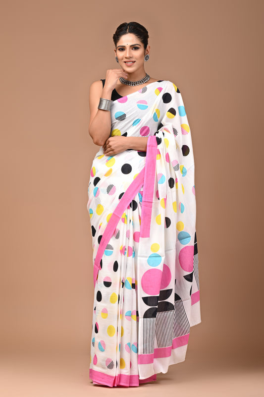 Exclusive Printed Pure Cotton Mulmul Saree With Blouse