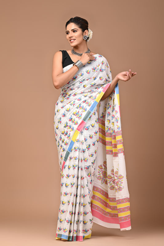 Exclusive Printed Pure Cotton Mulmul Saree With Blouse