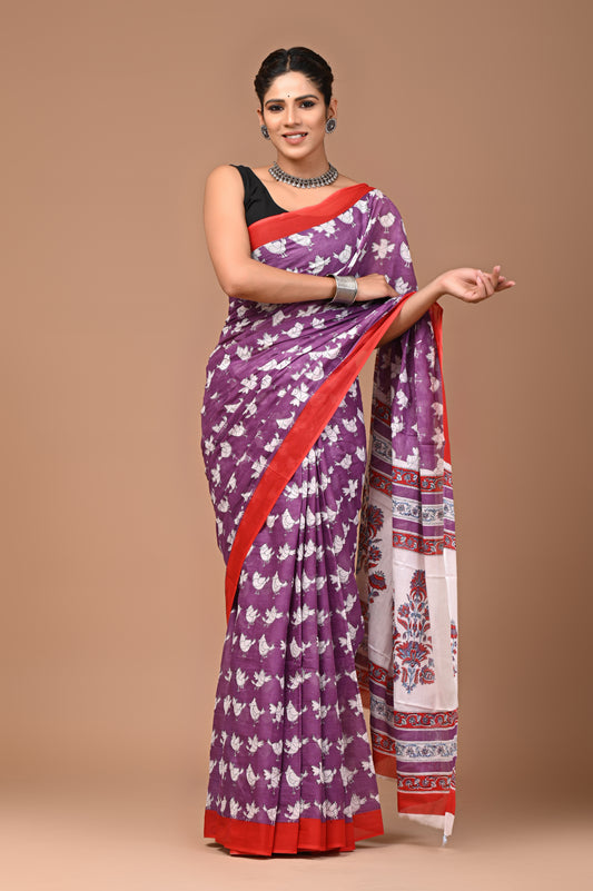 Exclusive Printed Pure Cotton Mulmul Saree With Blouse