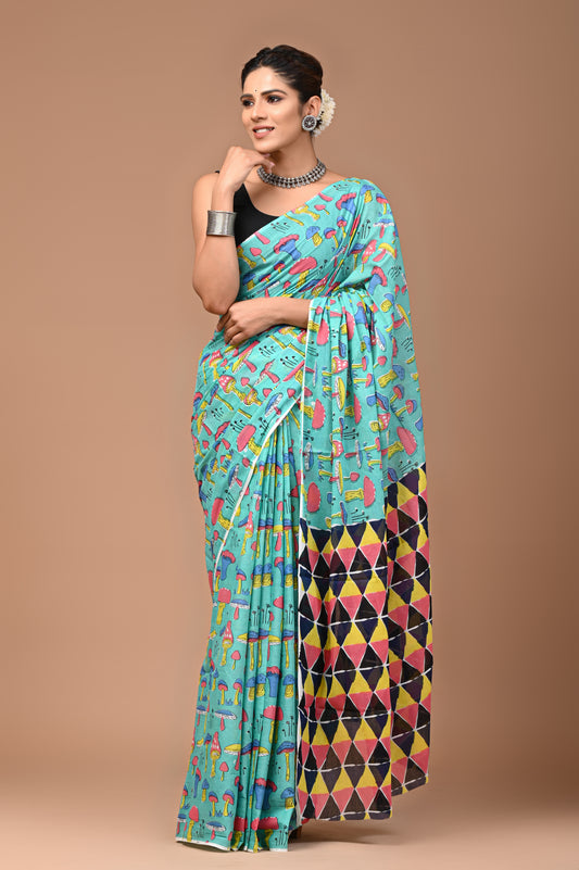 Exclusive Printed Pure Cotton Mulmul Saree With Blouse