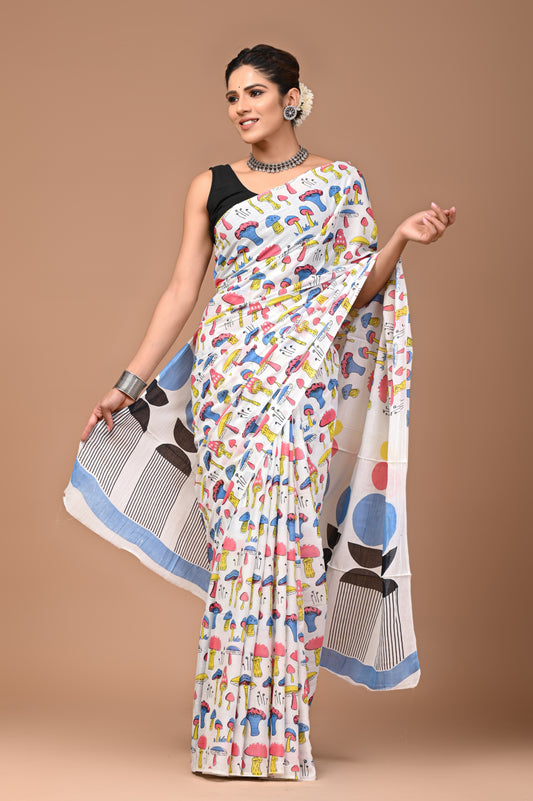 Exclusive Printed Pure Cotton Mulmul Saree With Blouse