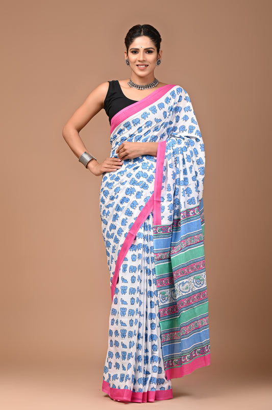 Exclusive Printed Pure Cotton Mulmul Saree With Blouse