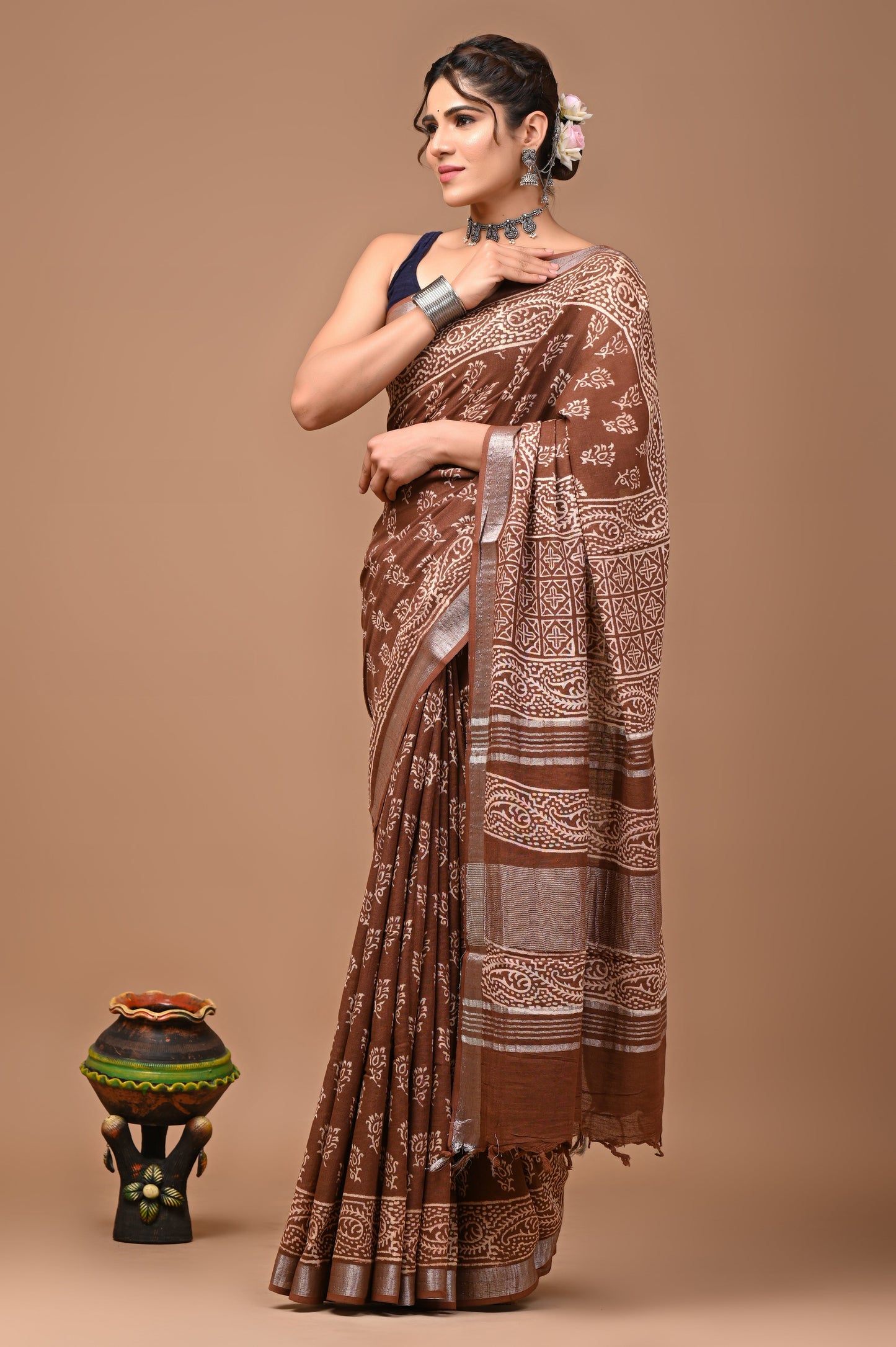 Block Printed Cotton linen Saree With Unstiched Blouse