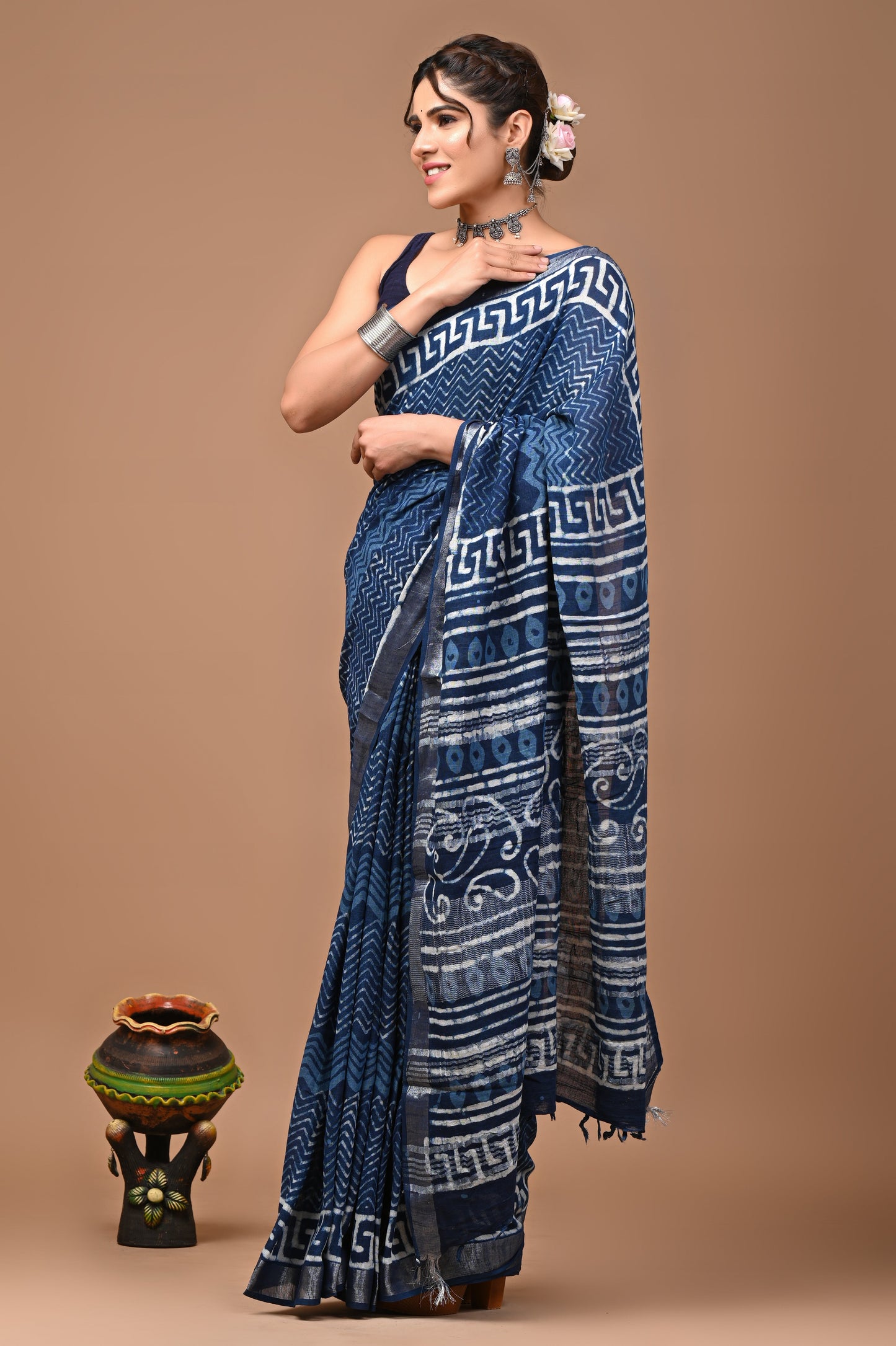 Block Printed Cotton linen Saree With Unstiched Blouse