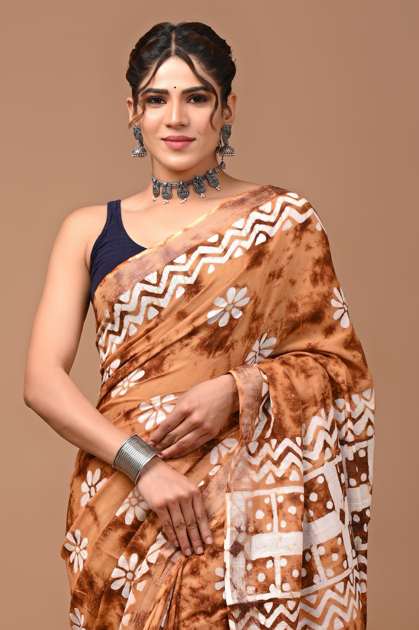 Block Printed Cotton linen Saree With Unstiched Blouse