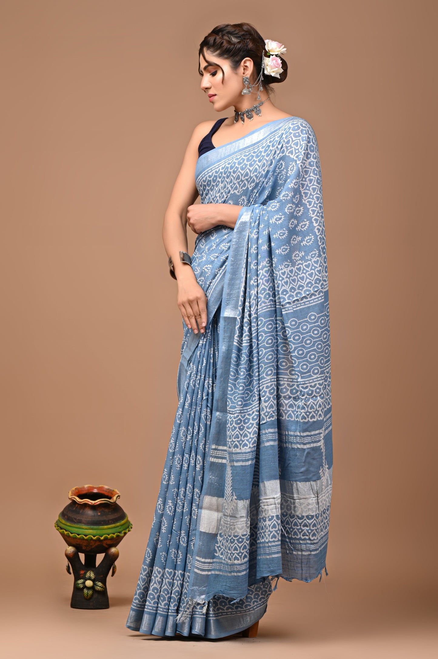 Block Printed Cotton linen Saree With Unstiched Blouse