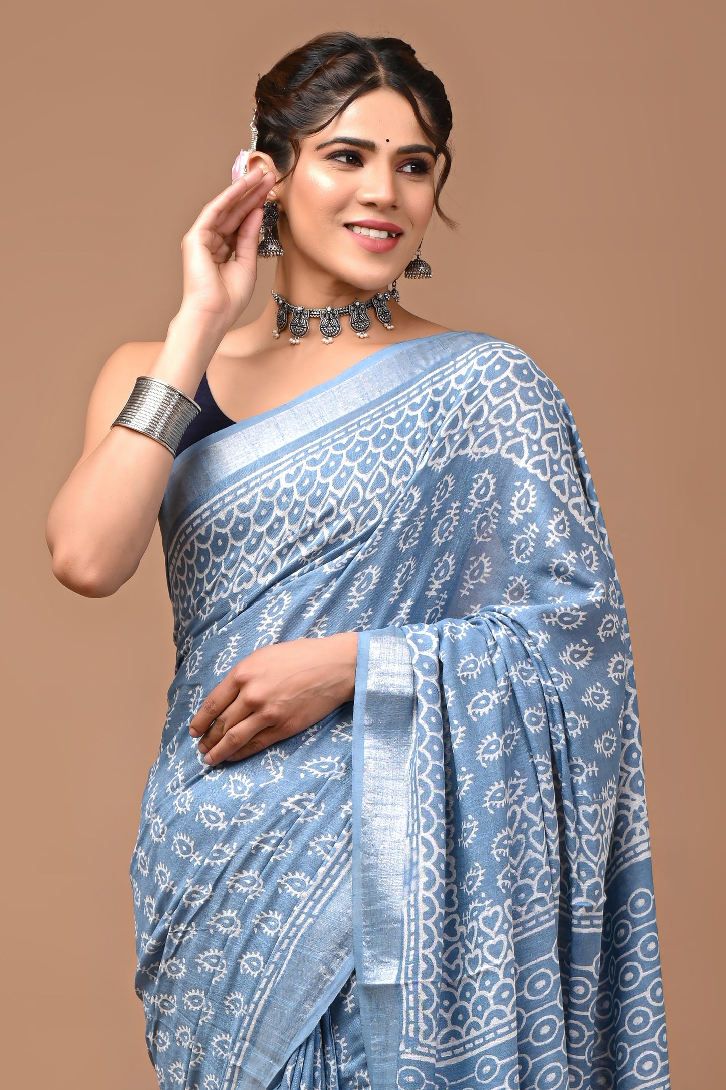 Block Printed Cotton linen Saree With Unstiched Blouse