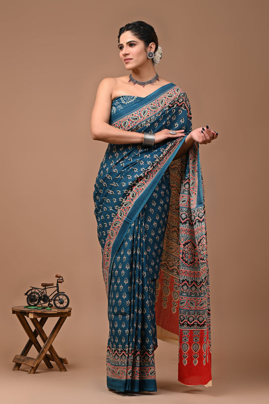 Printed Pure Cotton Mulmul Saree With Blouse