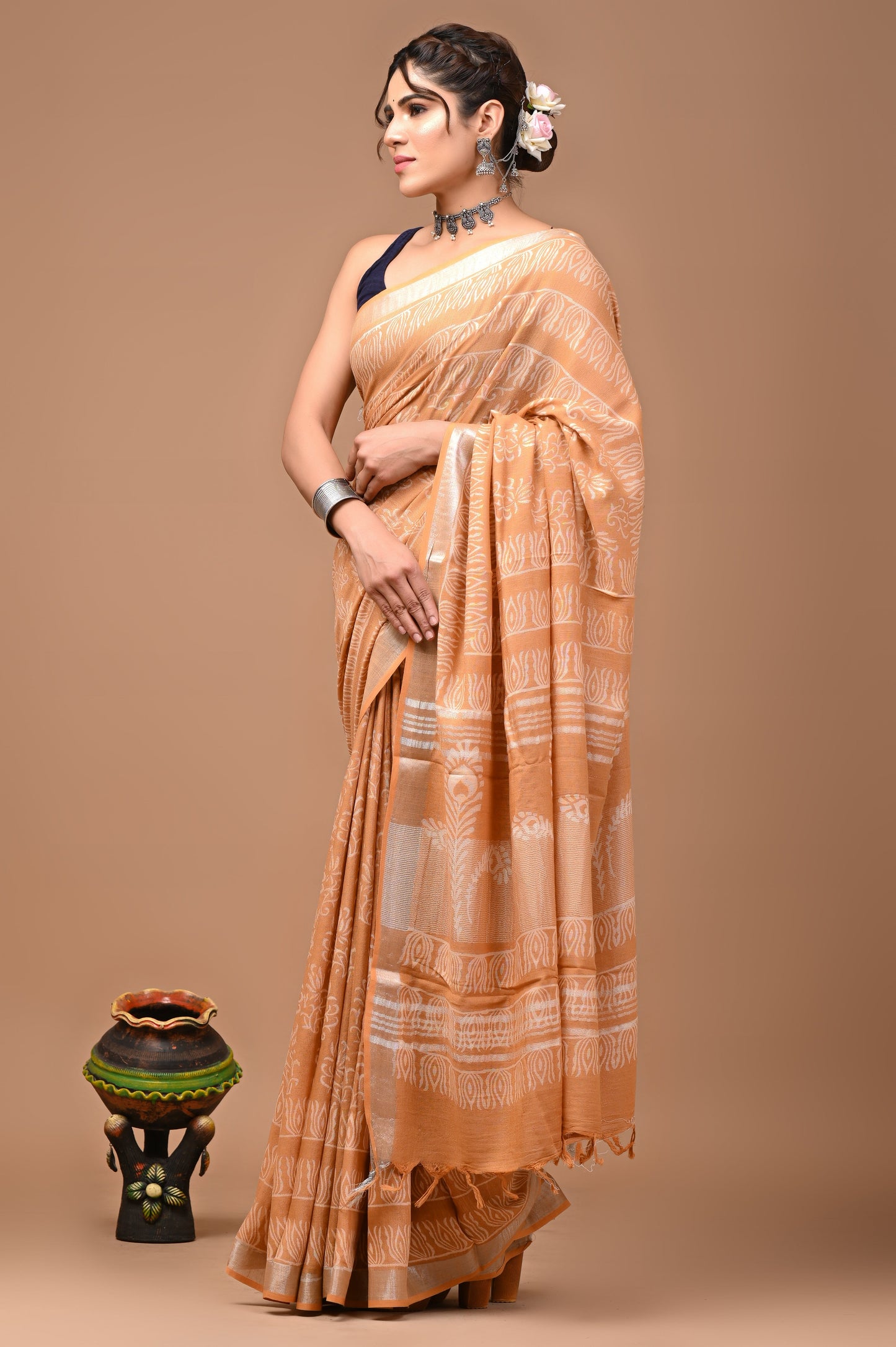 Block Printed Cotton linen Saree With Unstiched Blouse