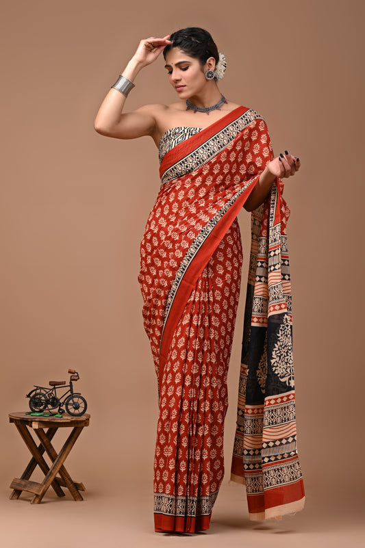 Printed Pure Cotton Mulmul Saree With Blouse