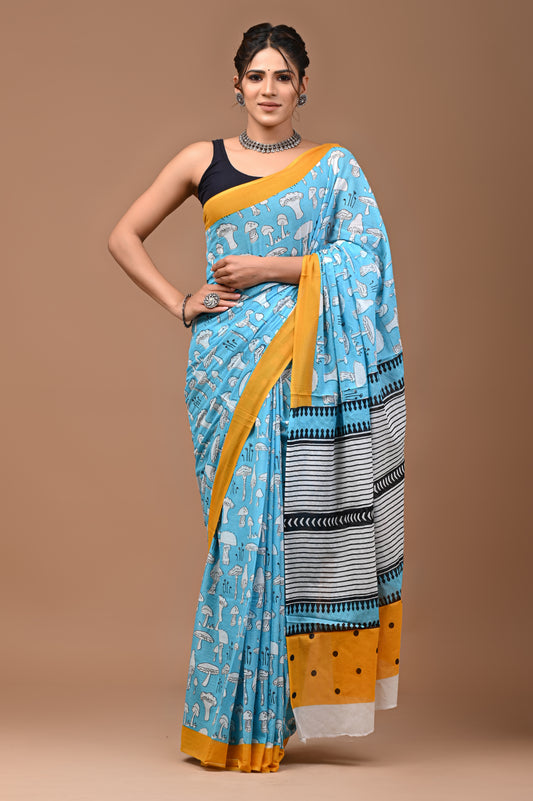 Exclusive Printed Pure Cotton Mulmul Saree With Blouse