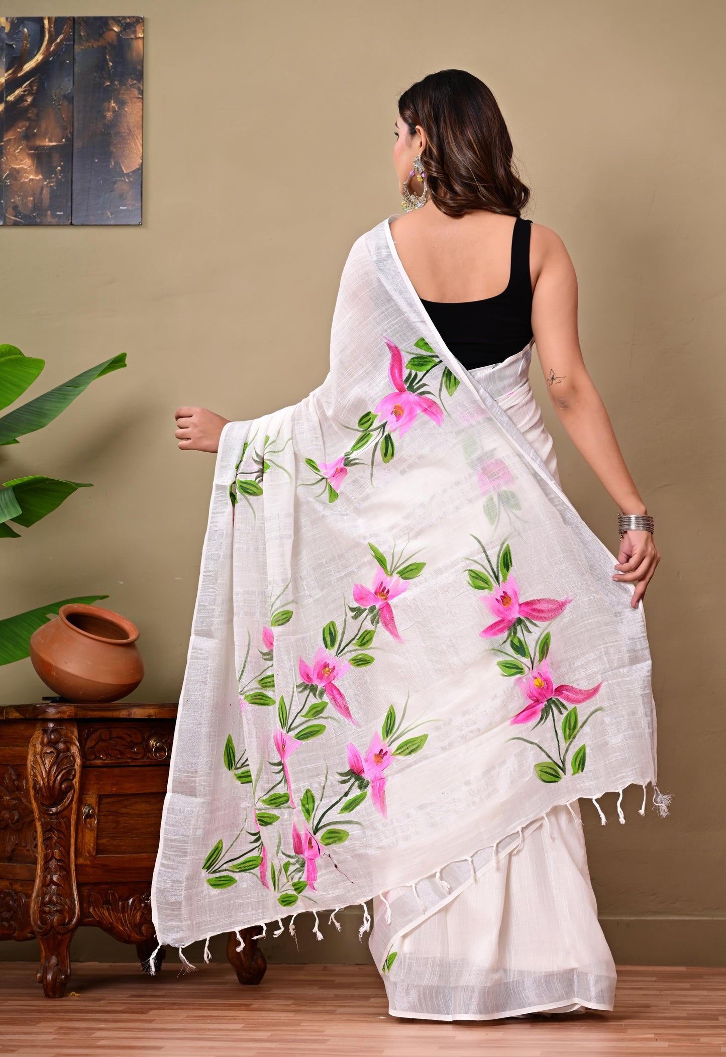 Block Printed Cotton linen Saree With Unstiched Blouse