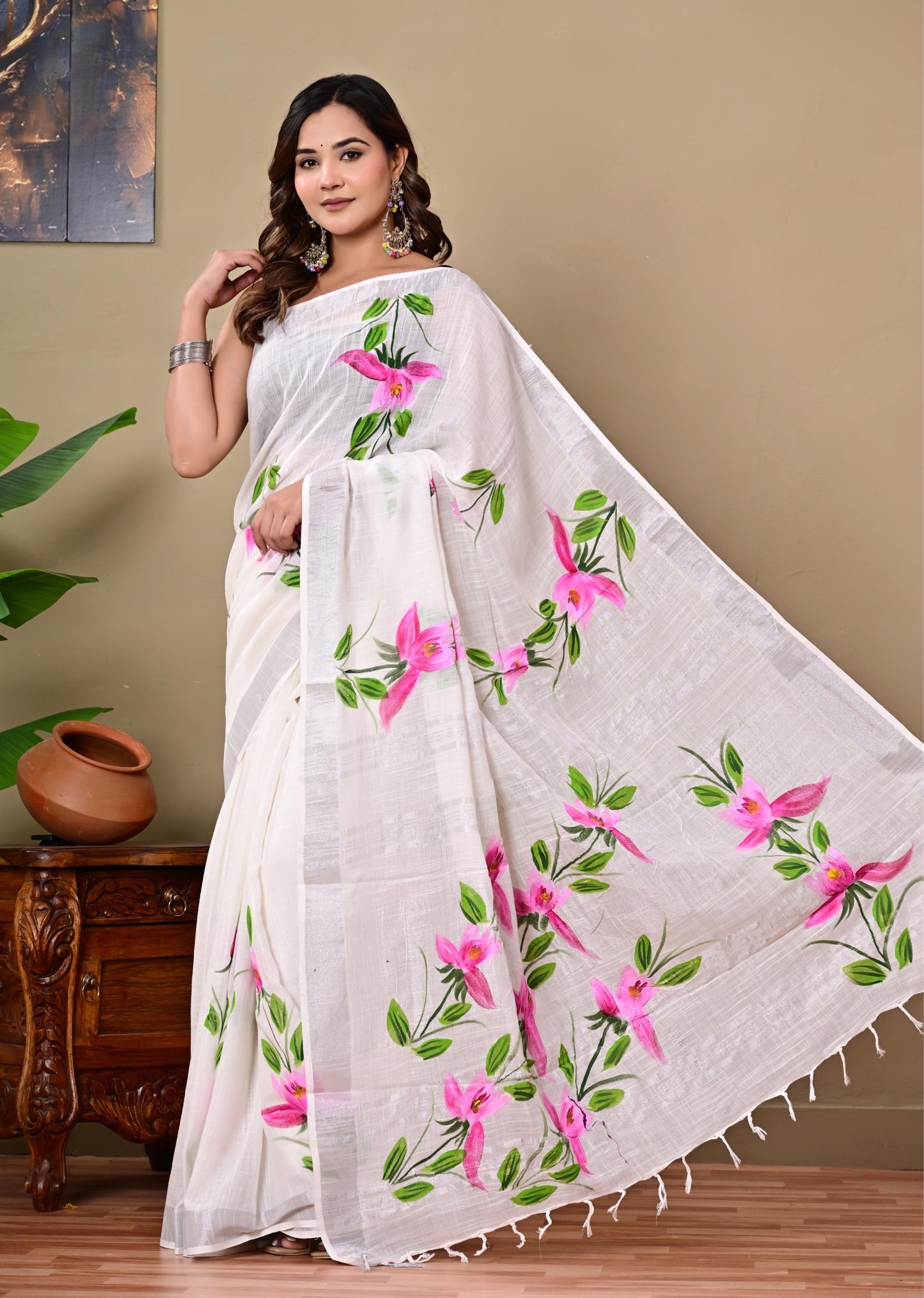Block Printed Cotton linen Saree With Unstiched Blouse