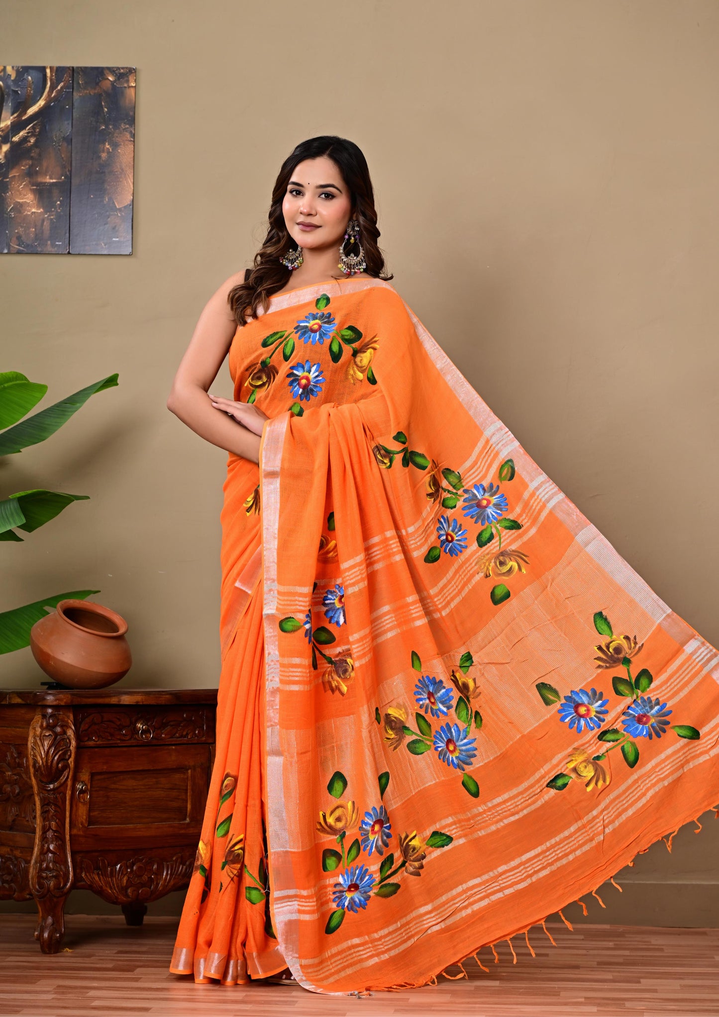 Block Printed Cotton linen Saree With Unstiched Blouse