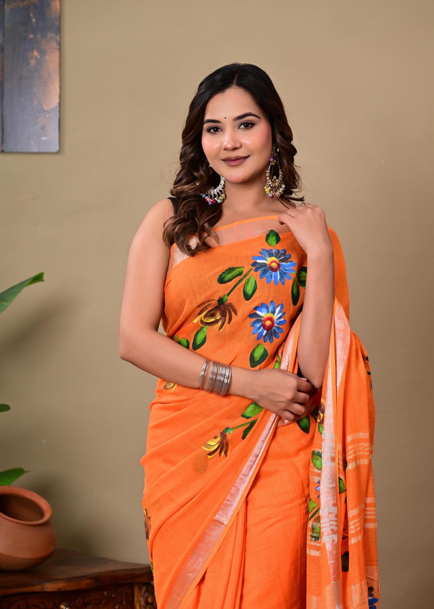 Block Printed Cotton linen Saree With Unstiched Blouse
