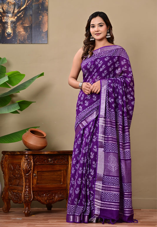 Block Printed Cotton linen Saree With Unstiched Blouse