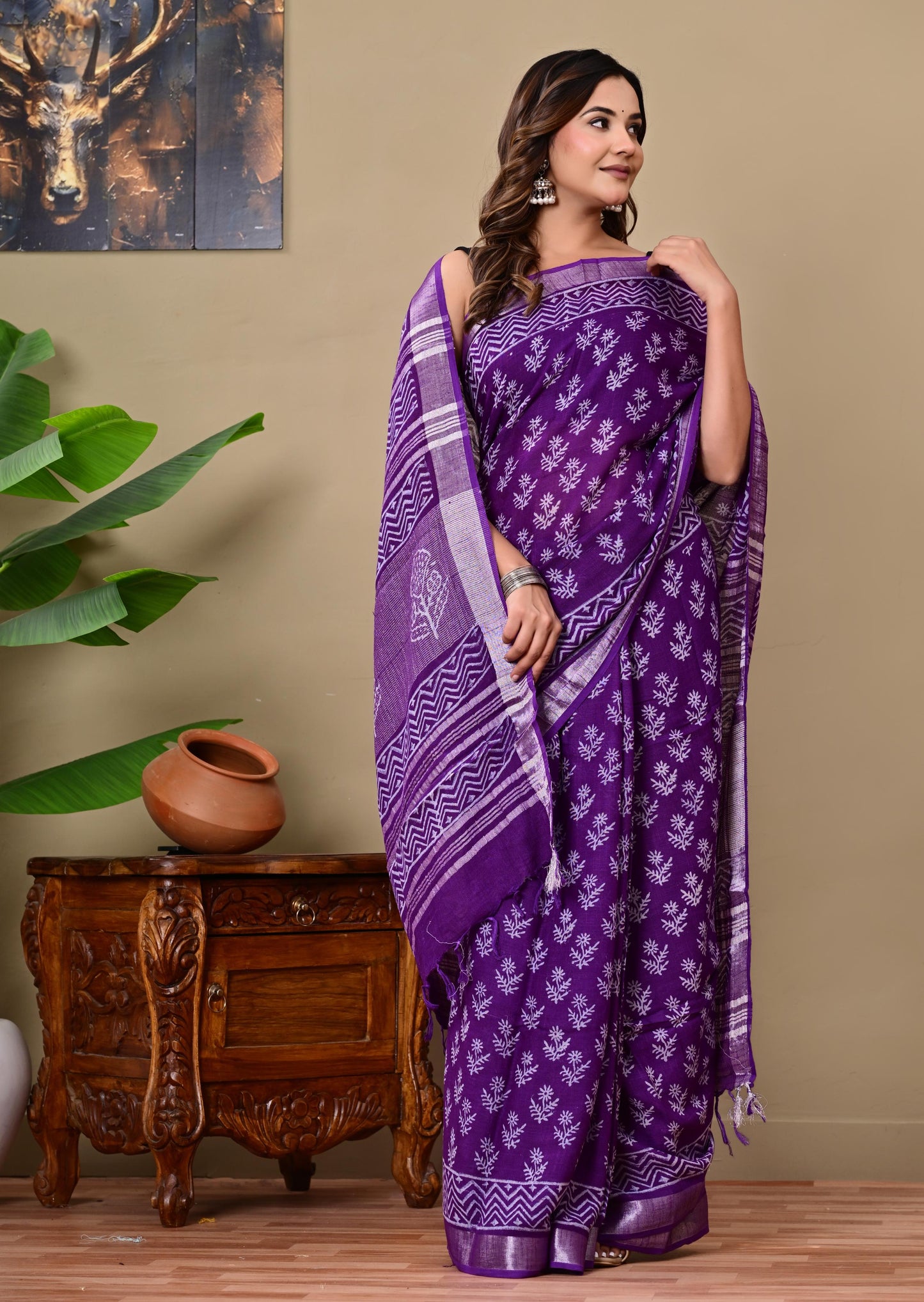 Block Printed Cotton linen Saree With Unstiched Blouse