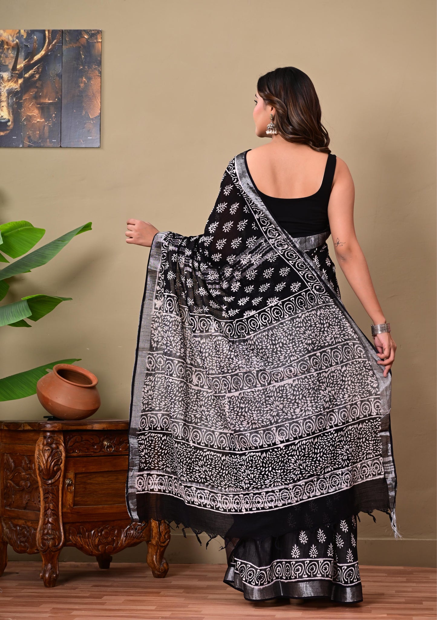 Block Printed Cotton linen Saree With Unstiched Blouse