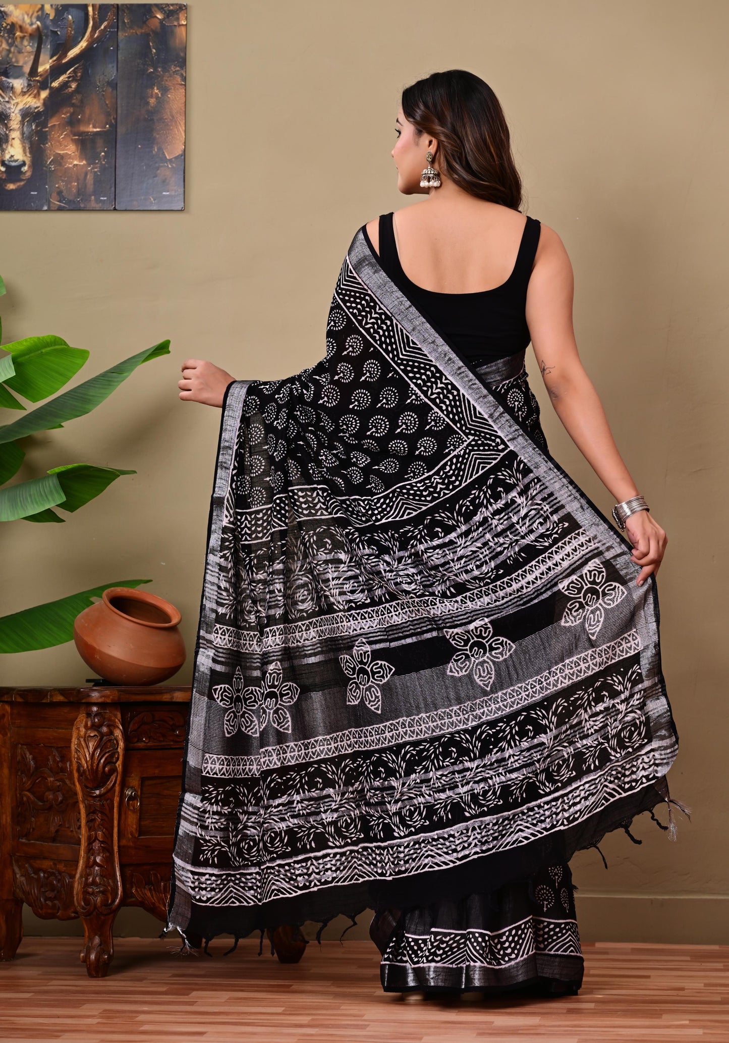 Block Printed Cotton linen Saree With Unstiched Blouse