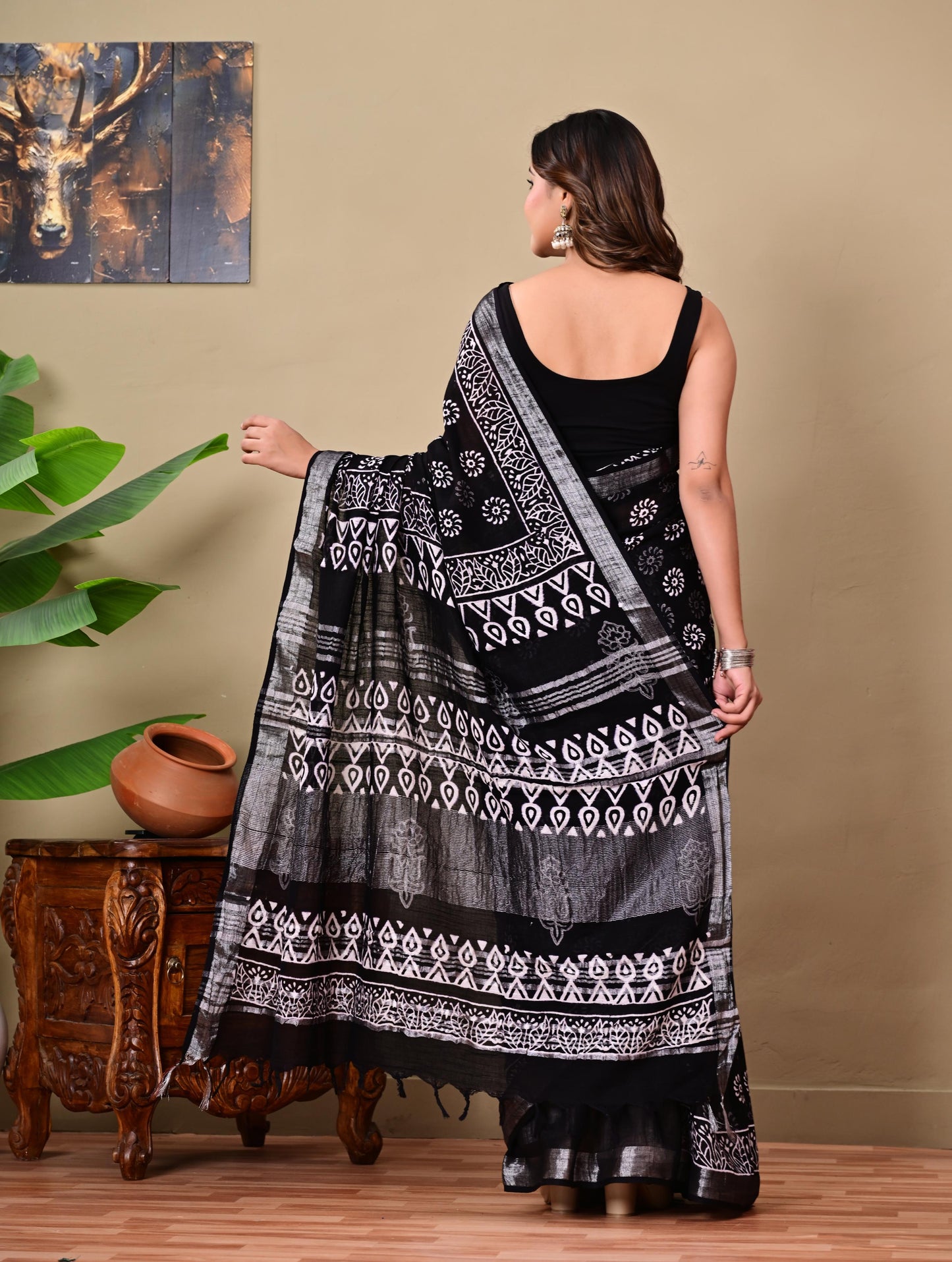 Block Printed Cotton linen Saree With Unstiched Blouse