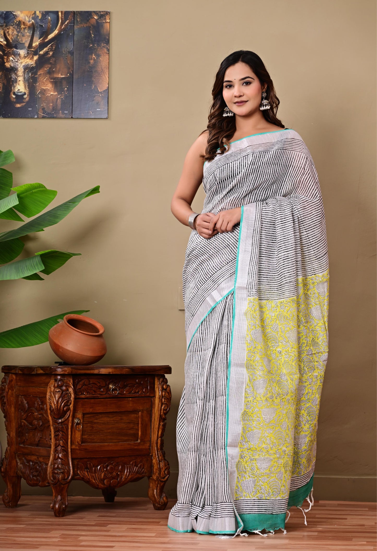Block Printed Cotton linen Saree With Unstiched Blouse