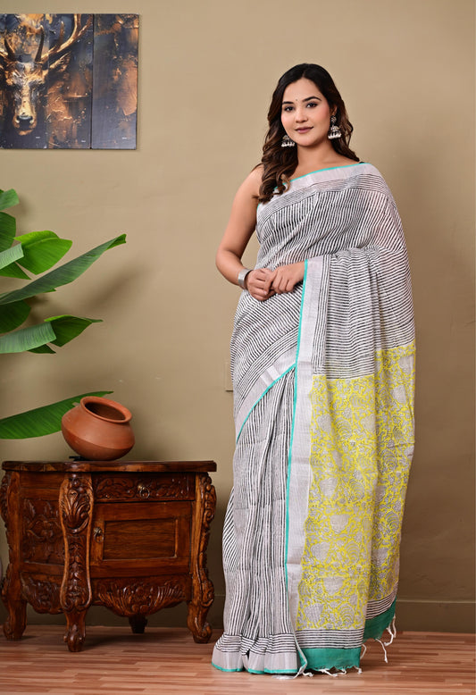 Block Printed Cotton linen Saree With Unstiched Blouse