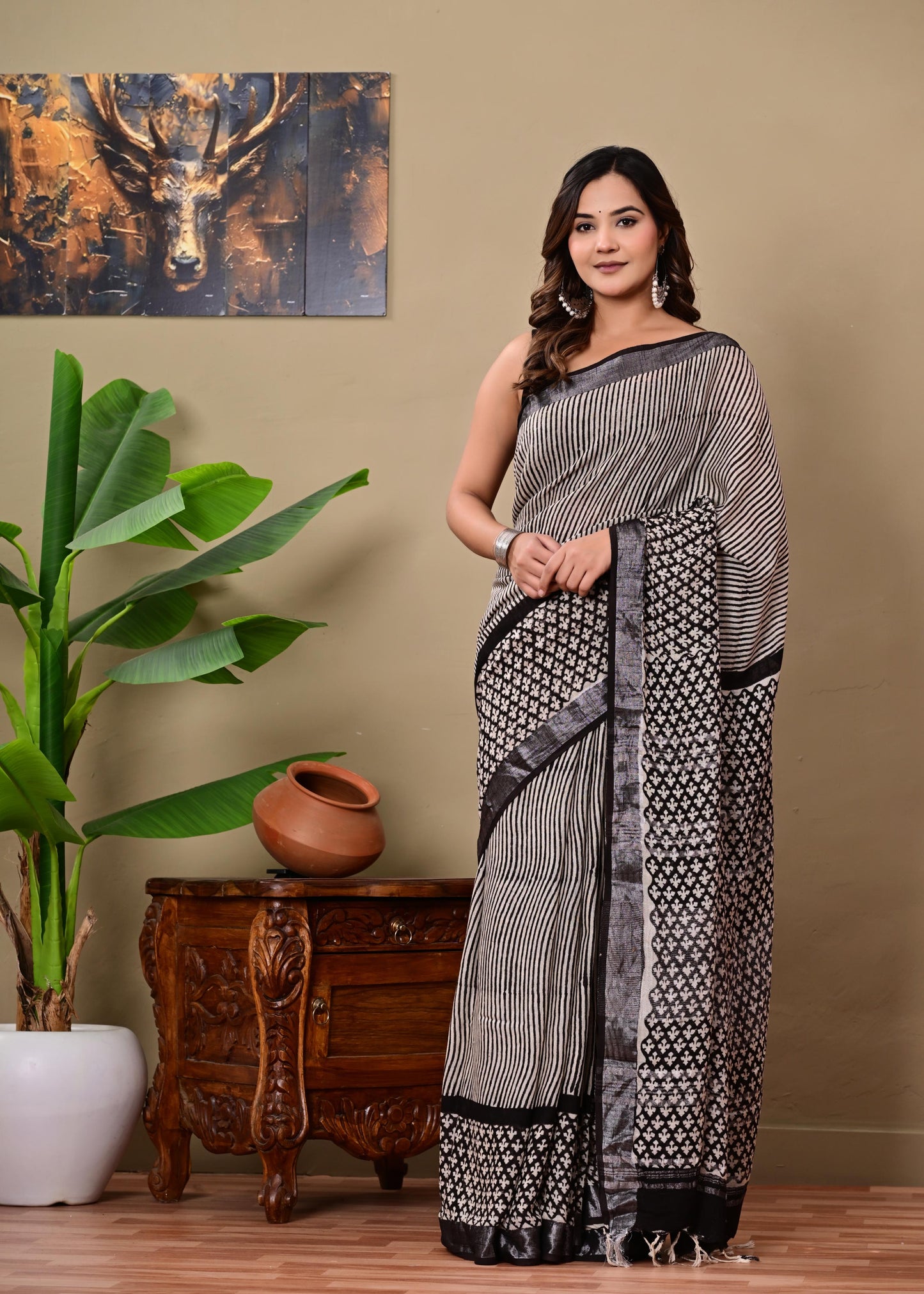 Block Printed Cotton linen Saree With Unstiched Blouse