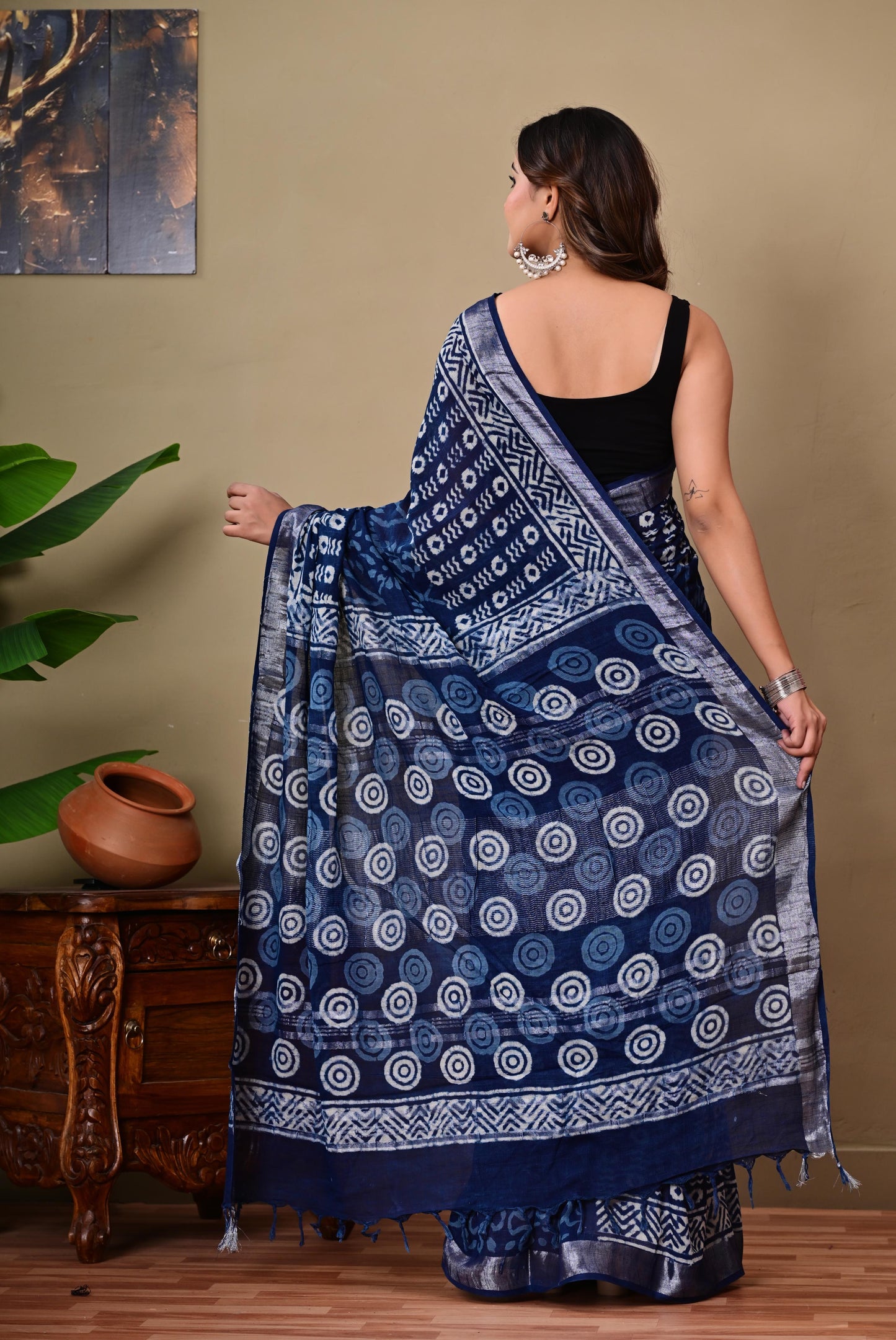Block Printed Cotton linen Saree With Unstiched Blouse
