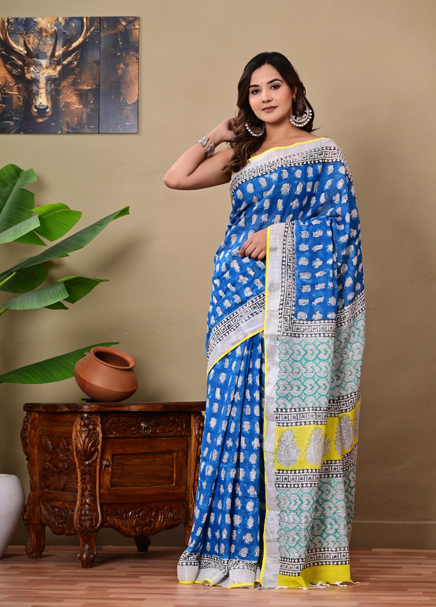 Block Printed Cotton linen Saree With Unstiched Blouse
