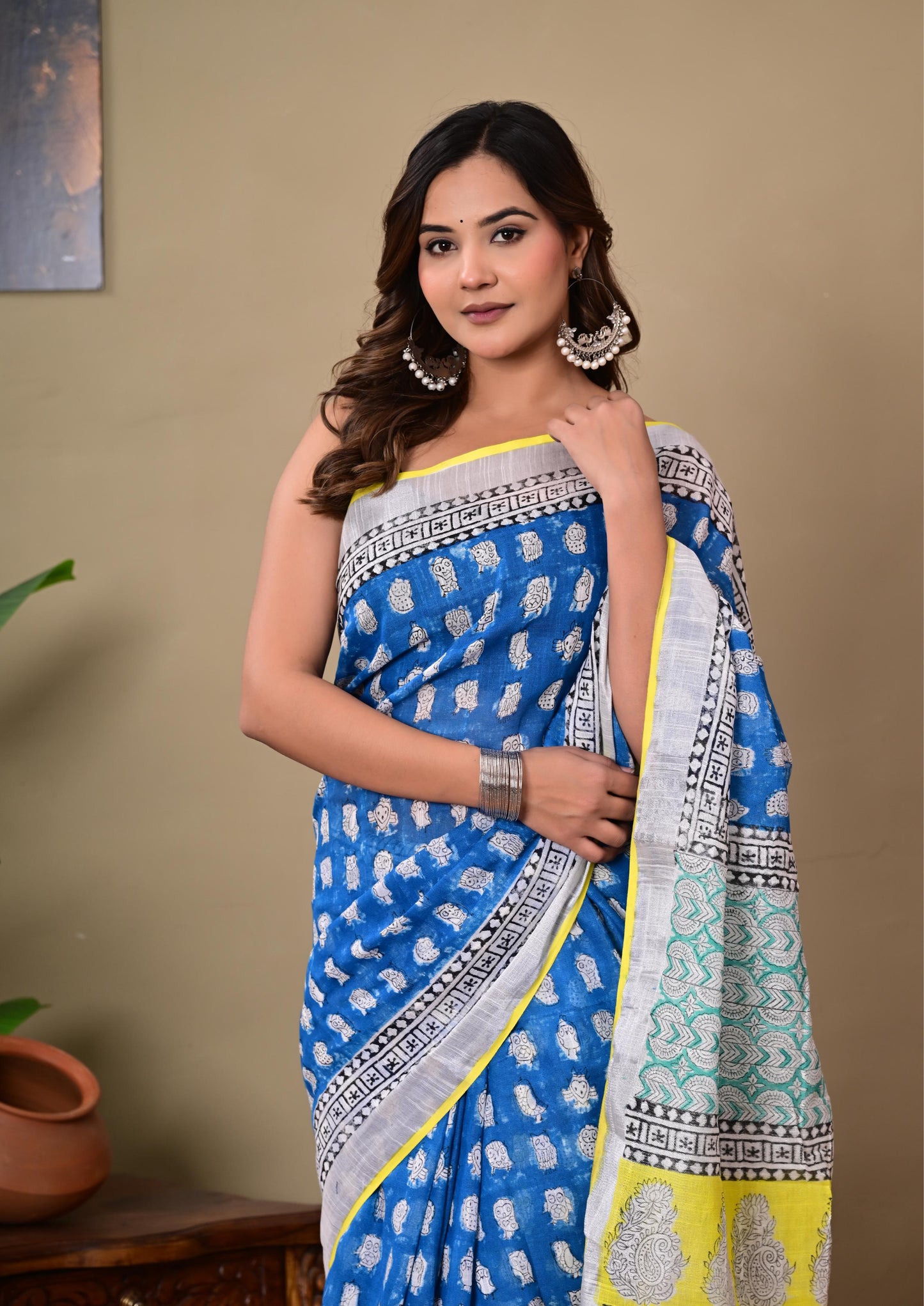 Block Printed Cotton linen Saree With Unstiched Blouse