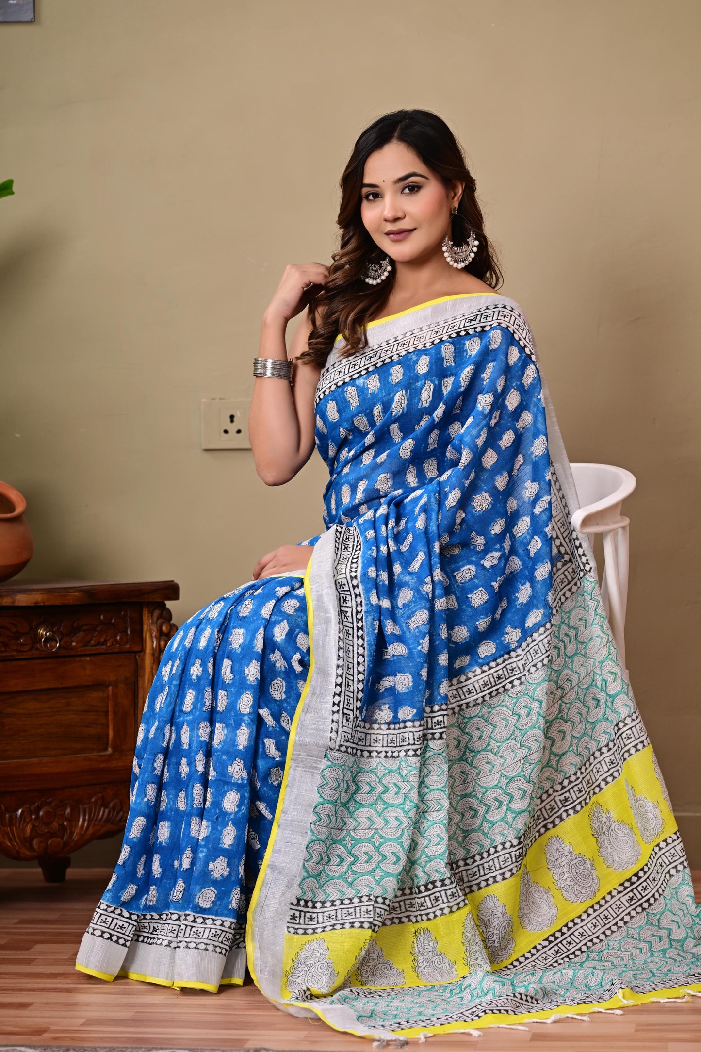Block Printed Cotton linen Saree With Unstiched Blouse