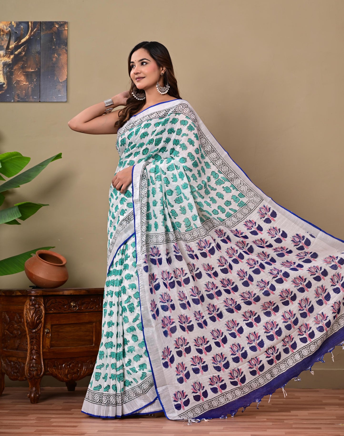 Block Printed Cotton linen Saree With Unstiched Blouse
