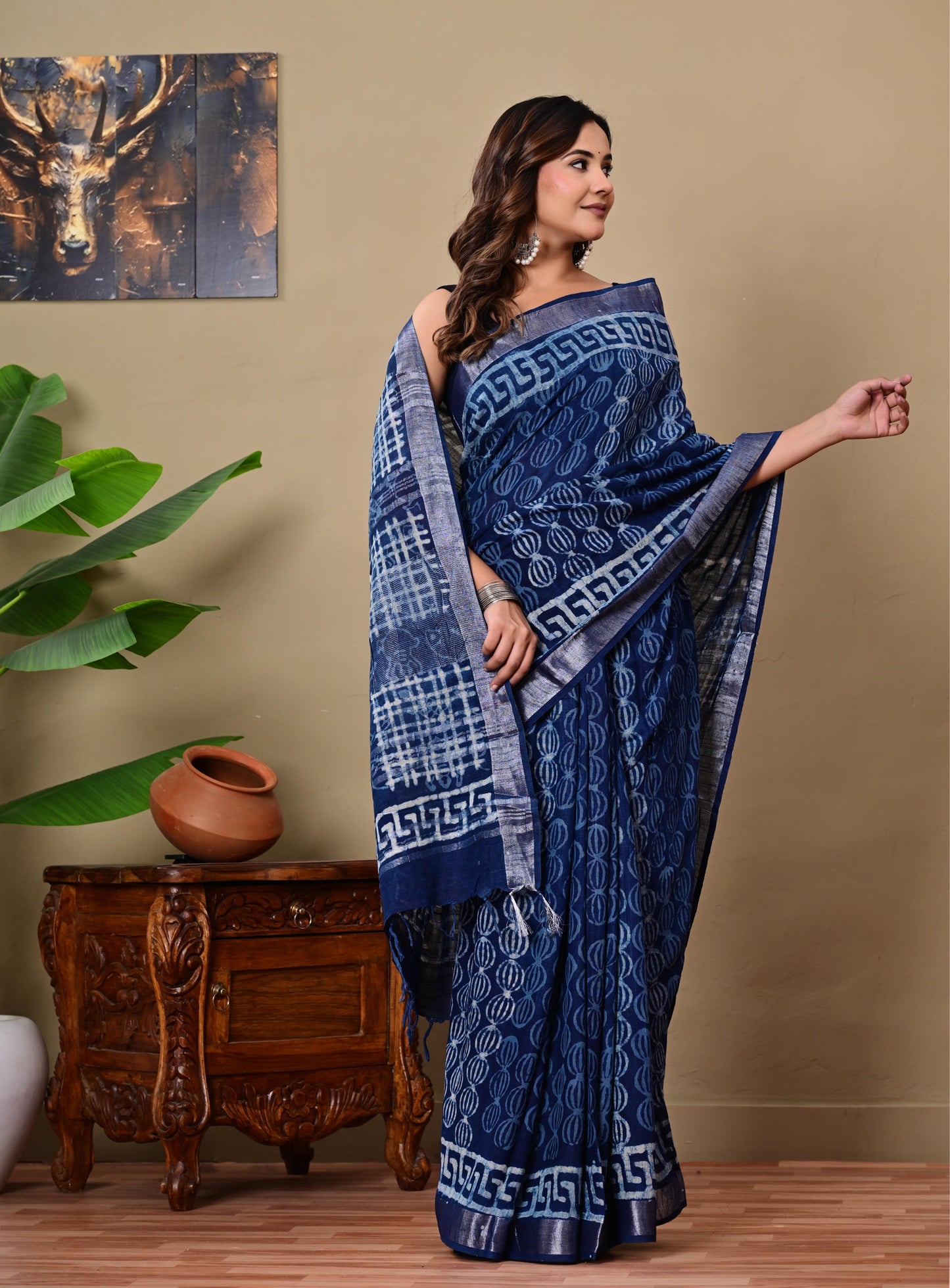 Block Printed Cotton linen Saree With Unstiched Blouse