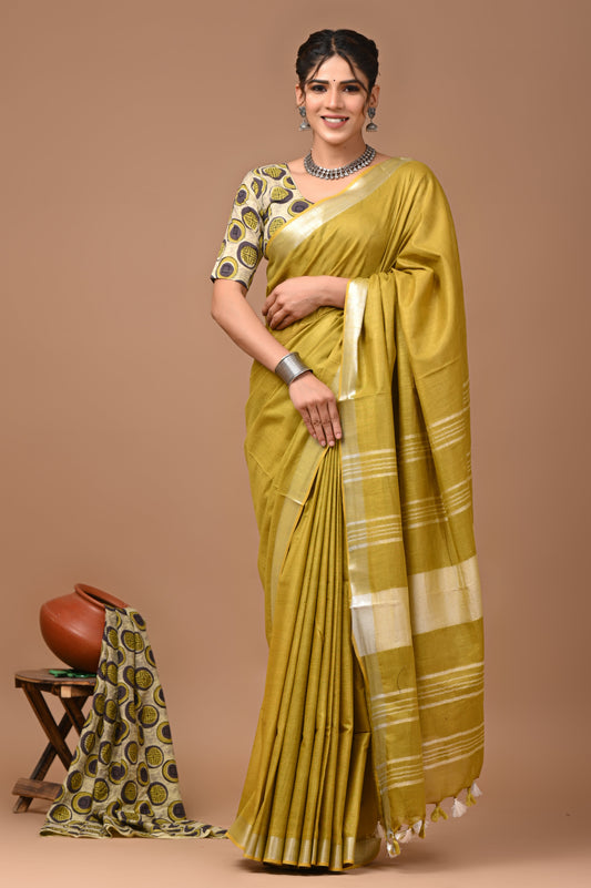 Plain linen Saree With Ajrak Printed Unstiched Blouse