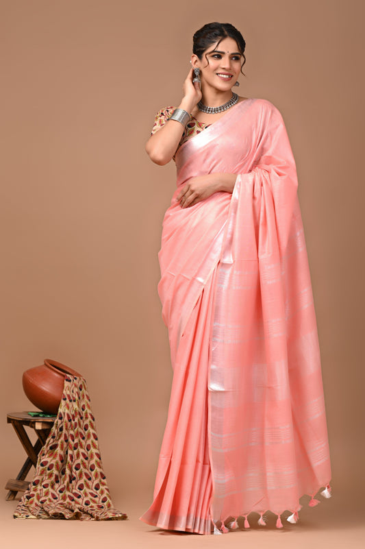 Plain linen Saree With Ajrak Printed Unstiched Blouse