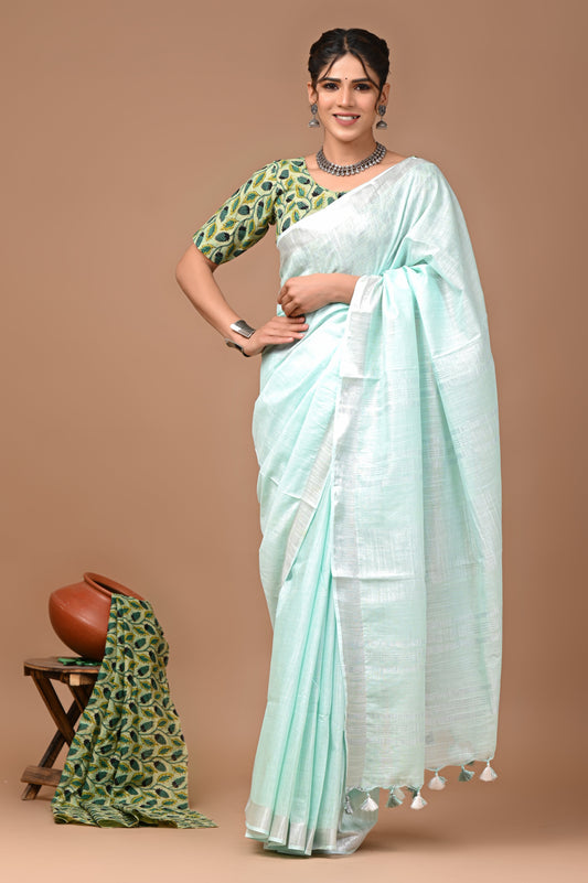 Plain linen Saree With Ajrak Printed Unstiched Blouse