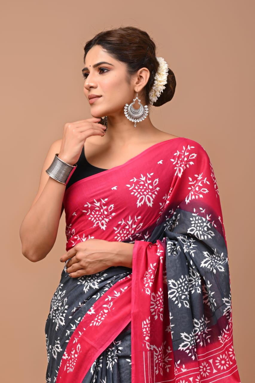 Printed Pure Cotton Mulmul Saree With Blouse