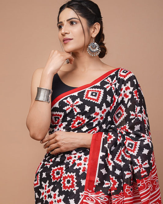 Printed Pure Cotton Mulmul Saree With Blouse