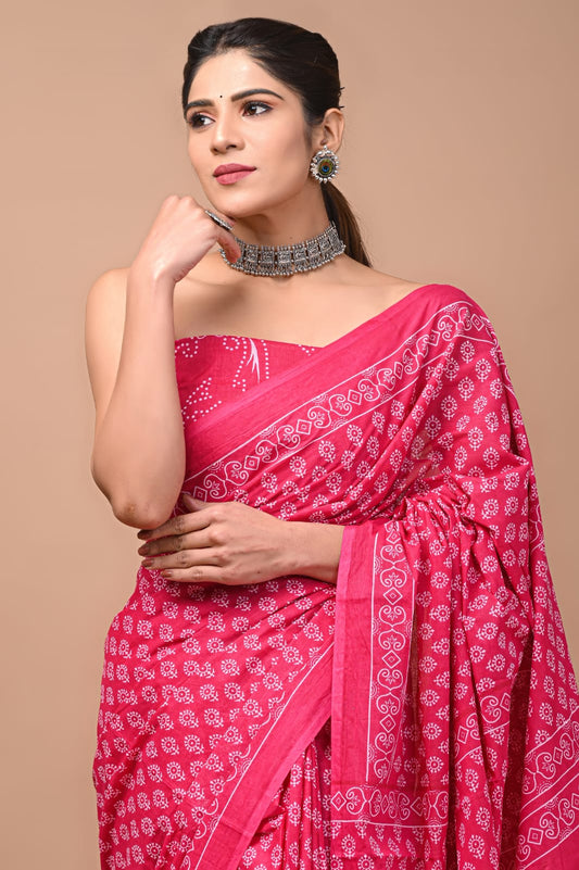 Printed Pure Cotton Mulmul Saree With Blouse