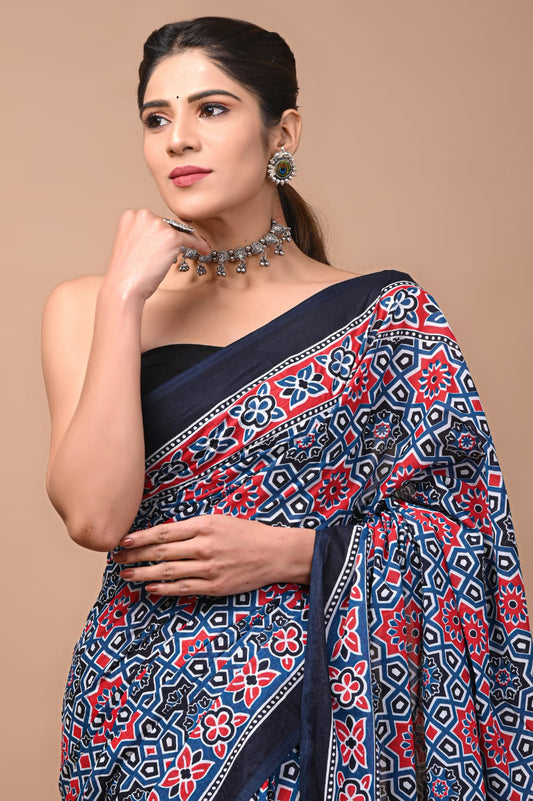 Printed Pure Cotton Mulmul Saree With Blouse